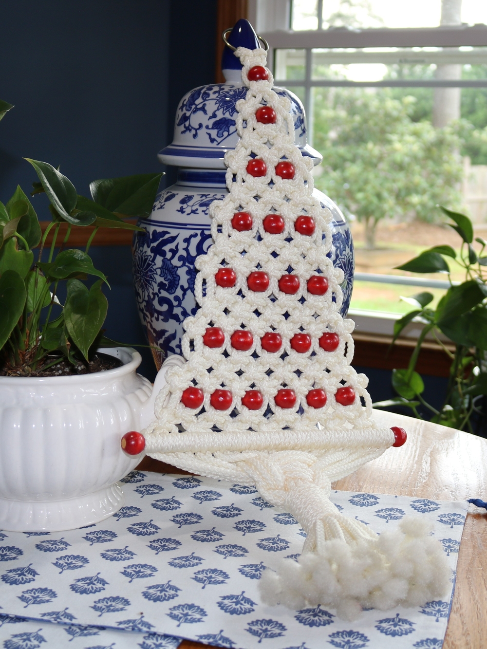 Vintage Cream Macramé Christmas Tree with Red Bead Accents